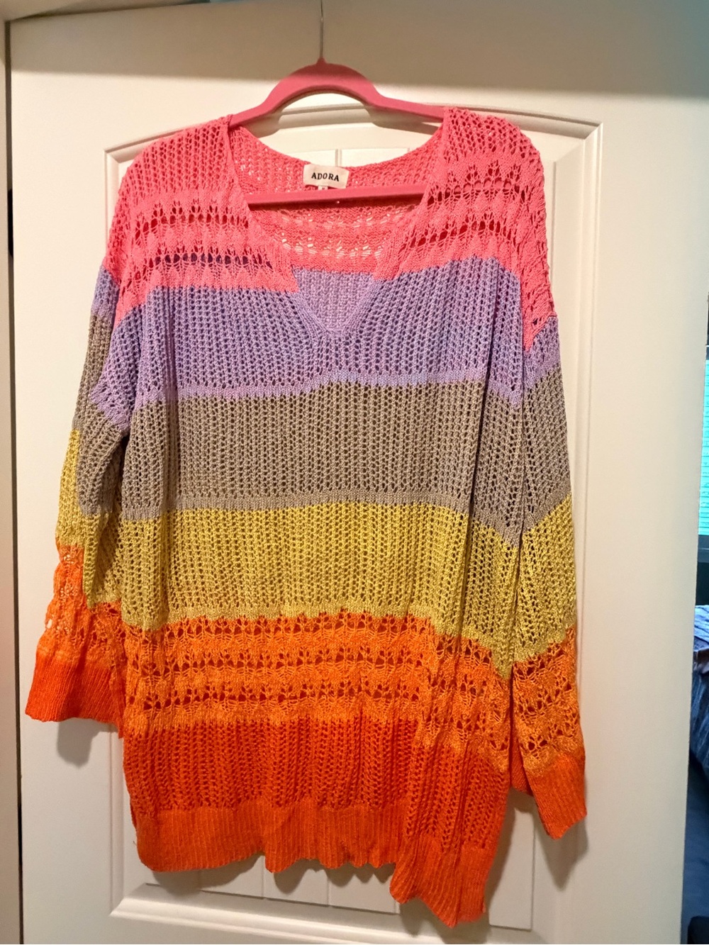 ADORA Pink Purple Gray Yellow Orange Striped Open-Knit Tunic